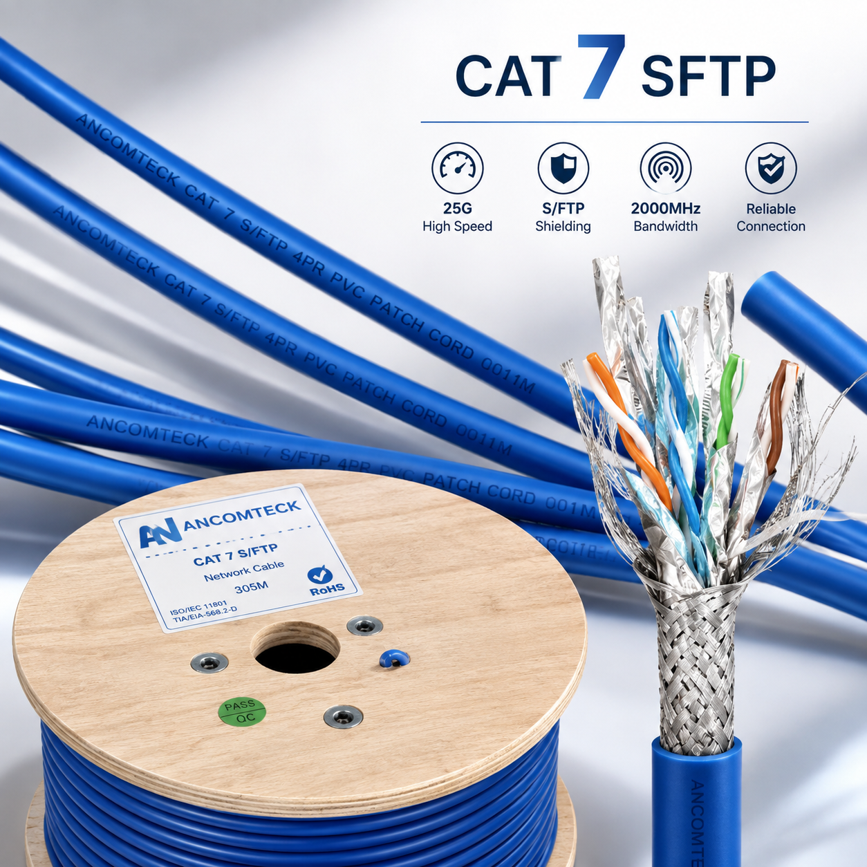Cáp mạng CAT7 SFTP chống nhiễu 3 lớp, kháng cháy, chống chuột, màu xanh, dài 305m/cuộn